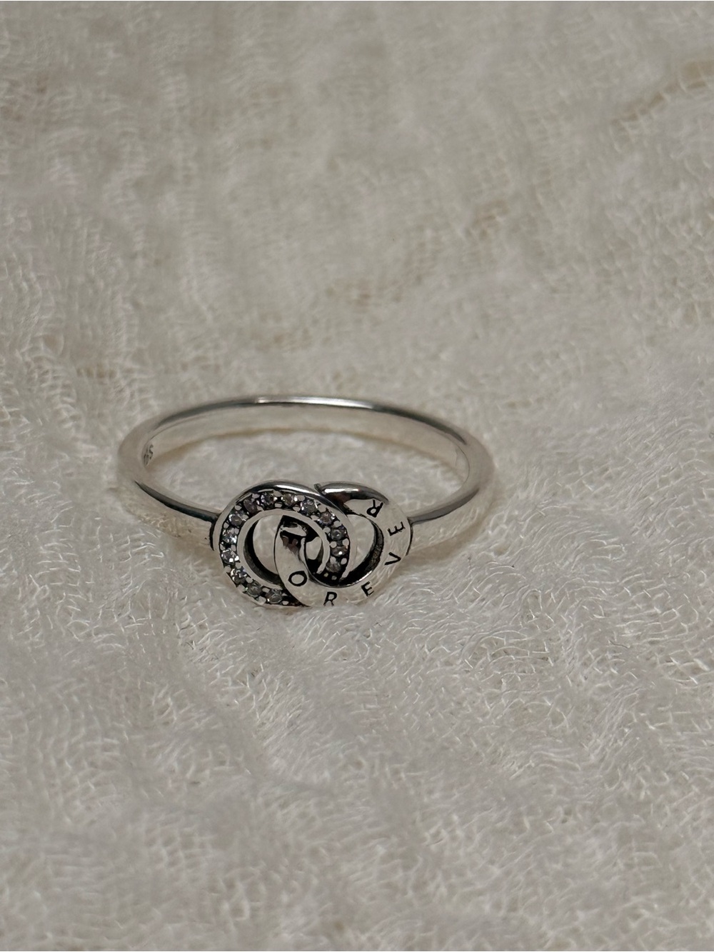 925 Silver 'Forever' Interlocking Ring with Pavé Accent, Size 8